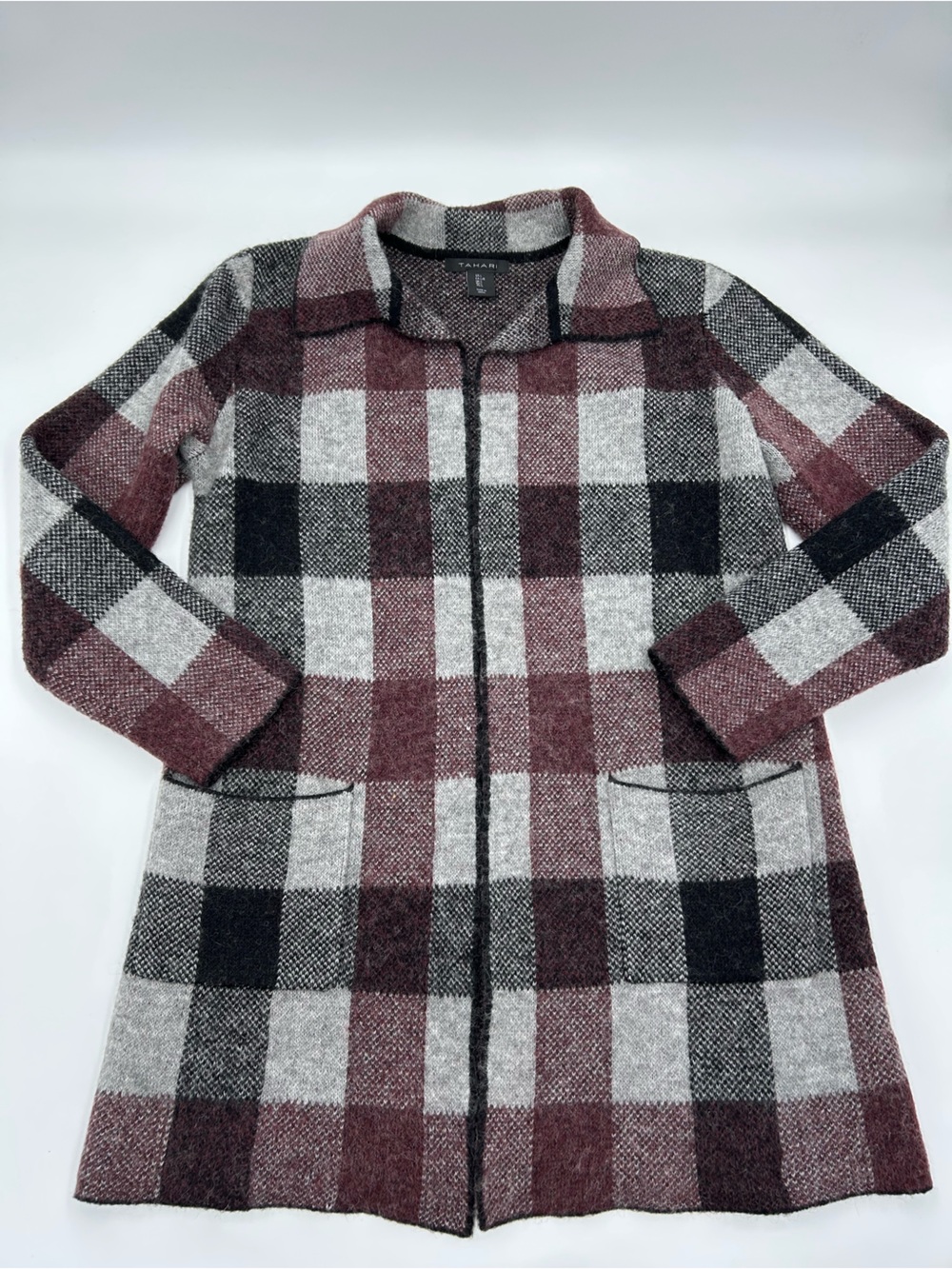 Tahari Women’s Wool Blend Open Plaid Sweater Jacket in Burgundy, Gray & Black L